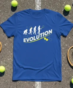 Tennis Evolution T-Shirt design showing human evolution stages ending with a tennis player holding a racket