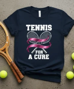 Tennis rackets crossed with a pink ribbon on a navy t-shirt, text "TENNIS FOR A CURE" above and below