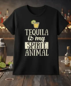 Tequila Is My Spirit Animal graphic tee with a distressed font and a margarita illustration, printed on a black t-shirt