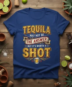Tequila drinking quote graphic tee with bold text "Tequila May Not Be The Answer But It's Worth A Shot" and