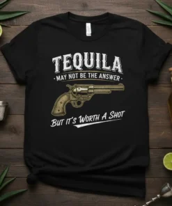 Tequila May Not Be The Answer But It's Worth A Shot quote on a black t-shirt with a vintage revolver
