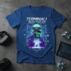Terminali Project Flight Data t-shirt featuring a cyberpunk gorilla wearing VR goggles and holding glowing cubes, with digital circuit patterns