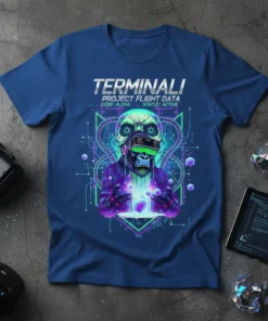Terminali Project Flight Data t-shirt featuring a cyberpunk gorilla wearing VR goggles and holding glowing cubes, with digital circuit patterns