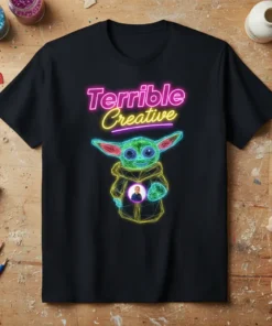 Black t-shirt with "Terrible Creative" neon text and a geometric Baby Yoda graphic