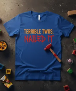 Blue t-shirt with orange and red text reading "TERRIBLE TWOS: NAILED IT" in a distressed, bloody font