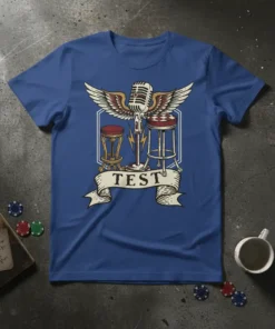 TEST t-shirt design with vintage microphone, winged emblem, and two stage stools, symbolizing stand-up comedy and performance