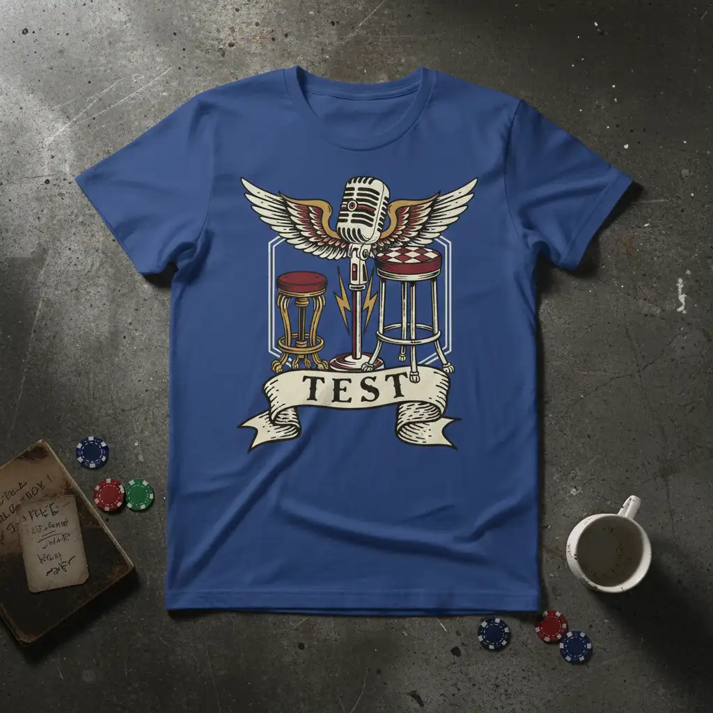 TEST t-shirt design featuring a winged vintage microphone, two stools, and lightning bolts, perfect for stand-up comedy enthusiasts