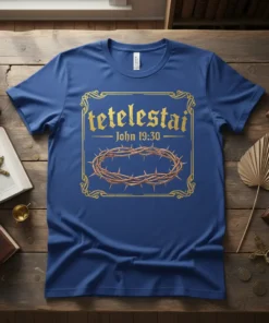 Blue T-Shirt with "Tetelestai John 19:30" text and crown of thorns graphic in gold, Christian apparel design
