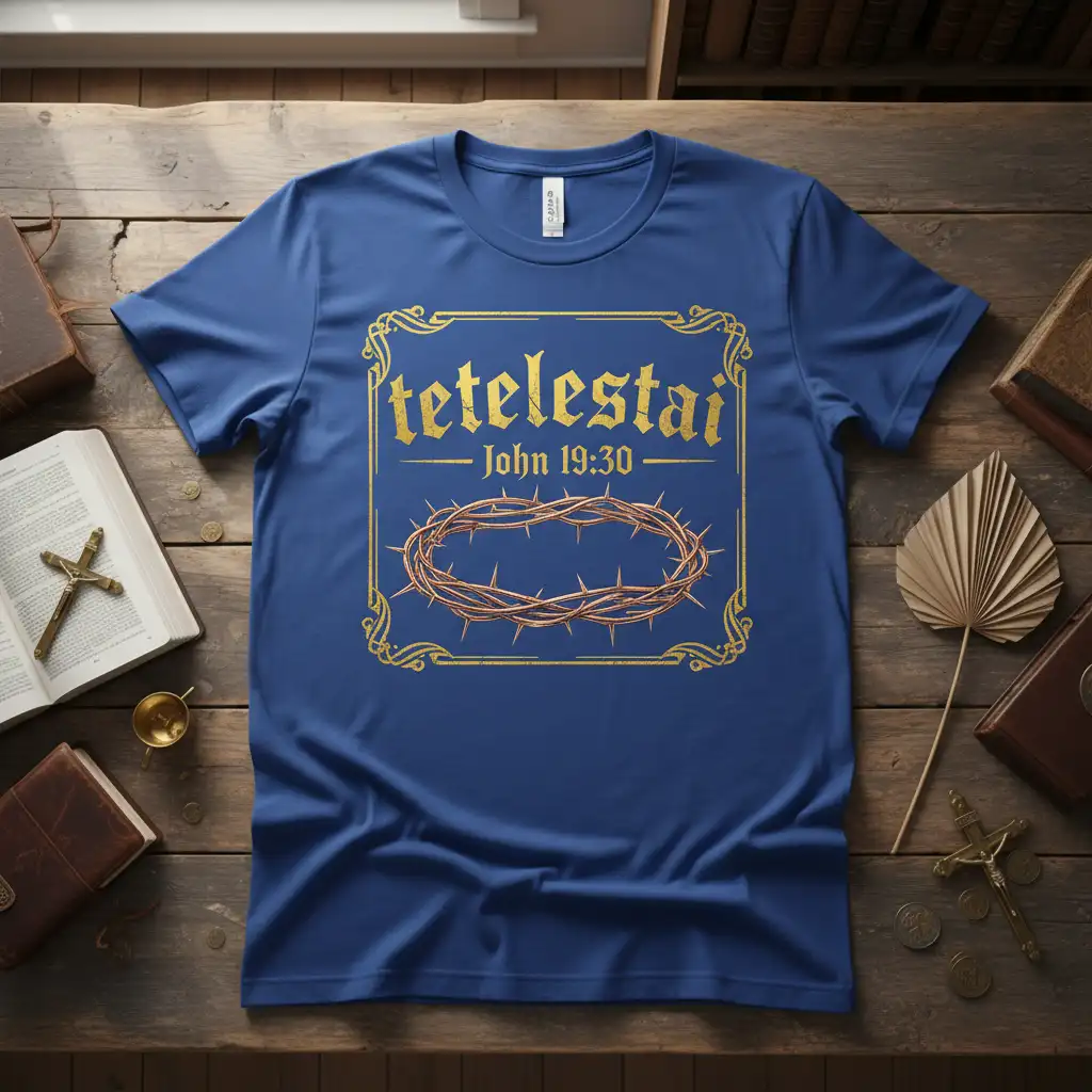 tetelestai John 19:30 bold typography printed on breathable fabric creating a standout t-shirt