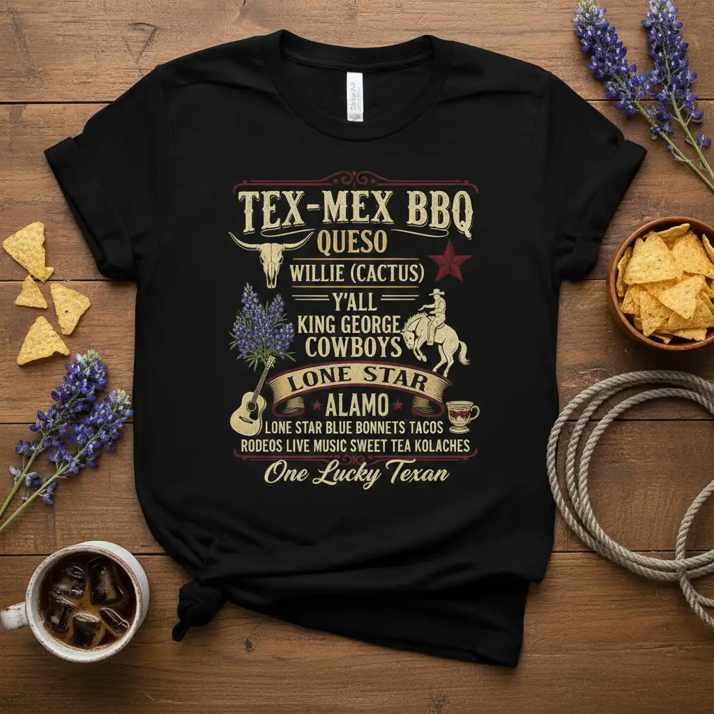 Tex-Mex BBQ Queso Willie (Cactus) Y'all King George Cowboys Lone Star Alamo One Lucky Texan T-Shirt design featuring rodeo and food elements