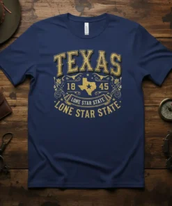 Texas Lone Star State 1845 T-Shirt design with distressed golden typography and map of Texas