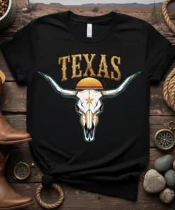 Black t-shirt featuring a stylized Texas Longhorn skull graphic with the word "TEXAS" above and a sunset graphic