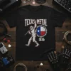 Texas Metal 1836 Bigfoot T-Shirt design featuring a Bigfoot character holding a microphone, the Texas flag, and the year 1836