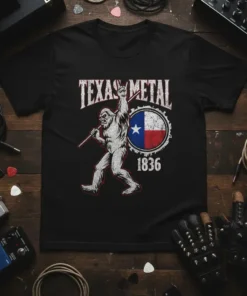 Texas Metal 1836 Bigfoot T-Shirt design featuring a Bigfoot character holding a microphone, the Texas flag, and the year 1836