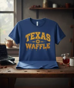 Blue t-shirt with "Texas Waffle" in yellow distressed collegiate font, featuring waffle graphics and a Texas star emblem