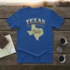 Blue t-shirt with "TEXAS THE LONE STAR STATE" text and a vintage map of Texas with a horny toad graphic