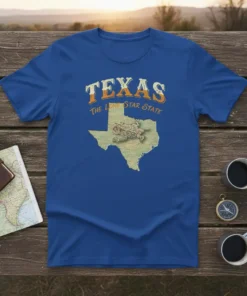 Blue t-shirt with "TEXAS THE LONE STAR STATE" text and a vintage map of Texas with a horny toad graphic