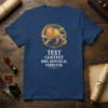 Navy t-shirt with TEXT CONTENT 100% IDENTICAL VERBATIM text and a lion graphic, featuring a golden sun and circular emblem