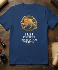 Navy t-shirt with TEXT CONTENT 100% IDENTICAL VERBATIM text and a lion graphic, featuring a golden sun and circular emblem