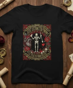Pirate skeleton with crown and spear, surrounded by roses and anatomical heart, text "TEXT EXTRACTED FROM KASTIES" on a black