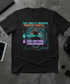 Cybersecurity t-shirt with neon tiger graphic and text "Text Fidelity Protocol Content Lock Zero Additions Zero Omissions"