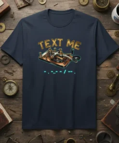 Vintage telegraph machine design with "TEXT ME .--. / --. .--. --" in Morse code and text on a navy