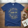 Navy blue t-shirt with gold glitter text reading "Thank You You THANK YOU THANK YOU THANK YOU THANK YOU THANK