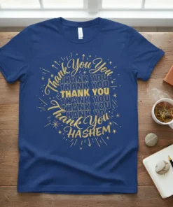 Navy blue t-shirt with gold glitter text reading "Thank You You THANK YOU THANK YOU THANK YOU THANK YOU THANK