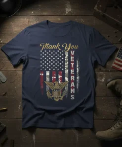Thank You Veterans T-Shirt with distressed American flag, eagle emblem, and bold text in gold and white