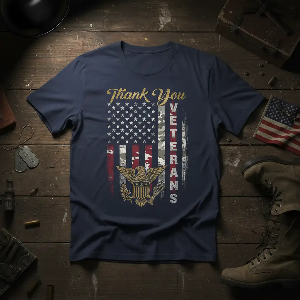 Thank You Veterans graphic tee with distressed American flag, eagle, and patriotic text in gold and white