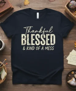 Thankful Blessed & Kind of a Mess quote on a dark navy t-shirt, distressed font style