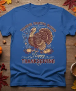Thankful Grateful Blessed Happy Thanksgiving T-Shirt with a detailed turkey graphic and autumn leaves