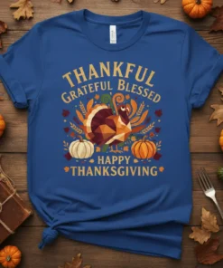 Thankful Grateful Blessed Happy Thanksgiving text with a geometric turkey graphic, pumpkins, and fall leaves on a blue t-shirt