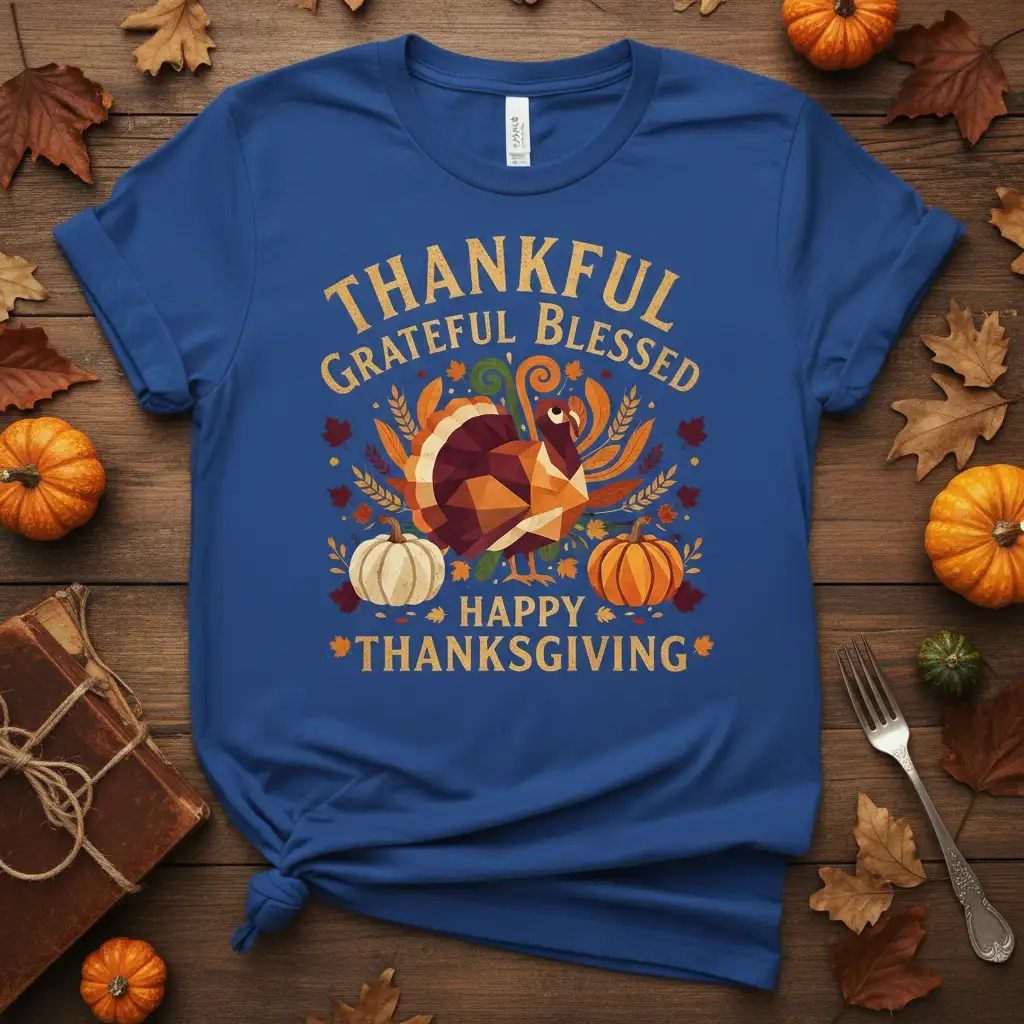 Thankful Grateful Blessed Happy Thanksgiving quote with geometric turkey and pumpkins on a blue t-shirt