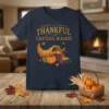 Thankful Grateful Blessed Thanksgiving t-shirt with cornucopia, pumpkins, grapes, and apples