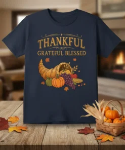 Thankful Grateful Blessed Thanksgiving t-shirt with cornucopia, pumpkins, grapes, and apples