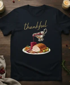 Navy t-shirt with the word "thankful" in gold script above a detailed illustration of a roasted turkey dinner with gravy