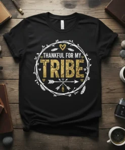 Thankful For My Tribe quote t-shirt design with gold textured lettering and rustic wreath graphic