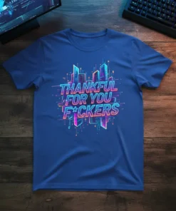 Thankful For You F*ckers quote in neon retro font on a blue t-shirt with cityscape graphic
