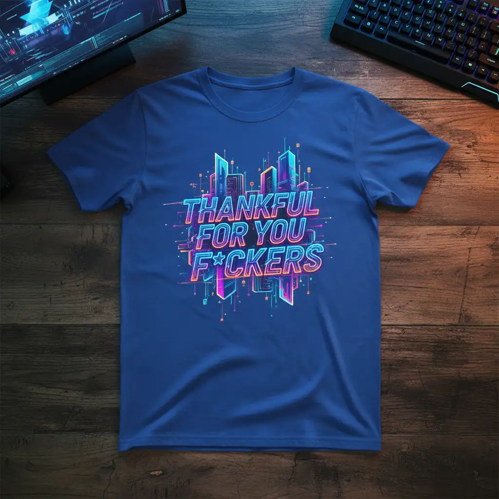 Thankful For You F*ckers quote in neon retro font with cityscape on blue t-shirt