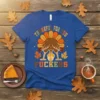 Thankful For You Fuckers t-shirt with a funny upside-down turkey graphic and autumn leaves