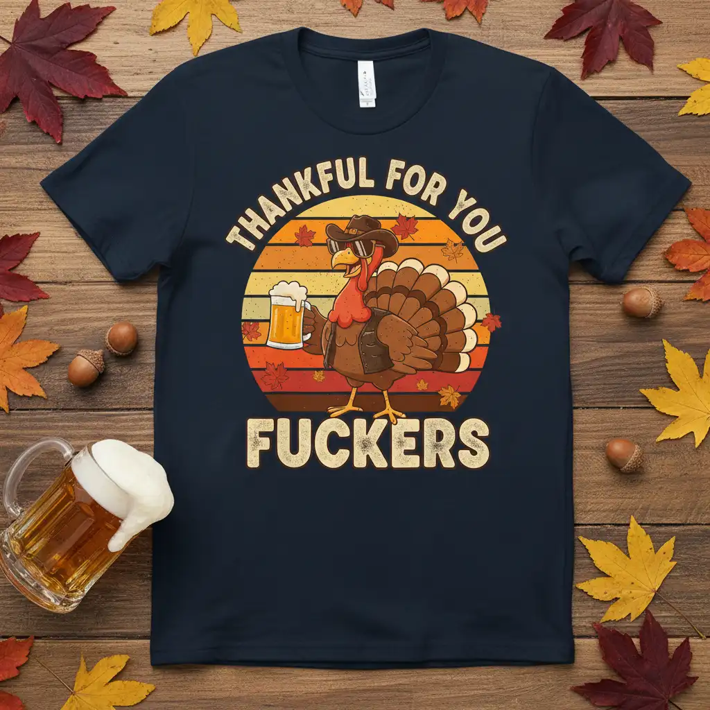 Funny Thanksgiving turkey with beer and sunglasses, 'Thankful For You Fuckers' quote on a t-shirt