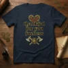 Navy t-shirt with gold text "thankful for you fuckers" and Viking heart/axe graphics