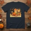 Thanksgiving Cats Feast T-Shirt design showing three cats celebrating autumn with turkey, pie, and pumpkins