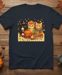 Thanksgiving Cats Feast T-Shirt design showing three cats celebrating autumn with turkey, pie, and pumpkins