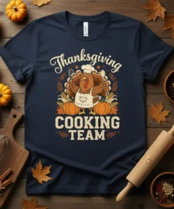 Thanksgiving Cooking Team t-shirt design with a chef turkey holding utensils, pumpkins, and corn