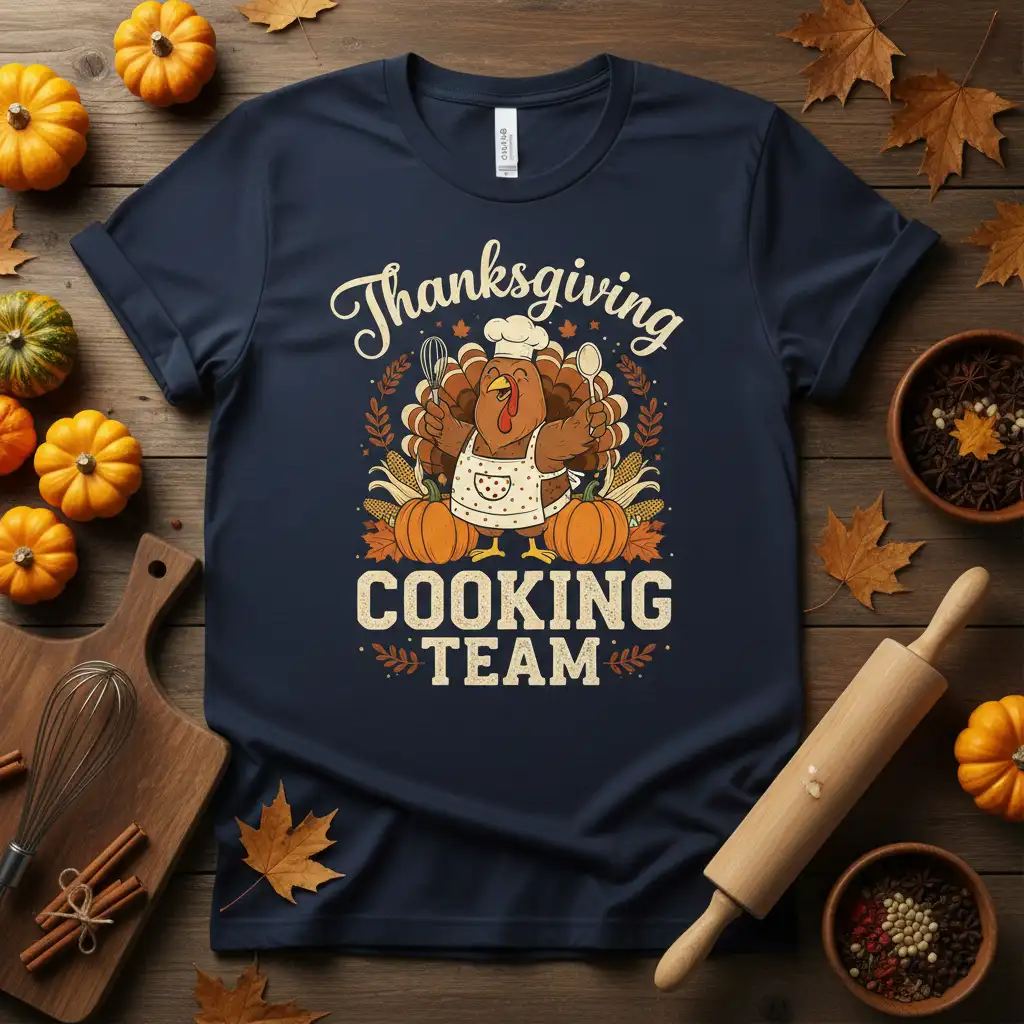 Thanksgiving Cooking Team t-shirt featuring a cartoon turkey chef in a chef hat, holding a whisk and spoon, surrounded by pumpkins and