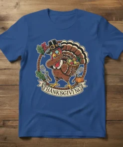 Thanksgiving Turkey Dab T-Shirt featuring a pilgrim turkey with a pilgrim hat, glasses, and a basket of fruit, with "Thanksgiving"