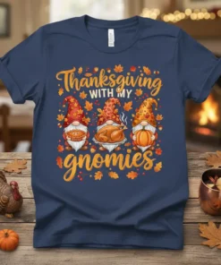 Thanksgiving WITH MY gnomies t-shirt with three gnomes holding pie, turkey, and pumpkin