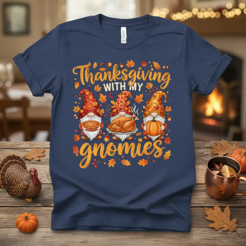 Thanksgiving WITH MY gnomies text and gnomes design on a navy blue t-shirt, perfect for fall holidays